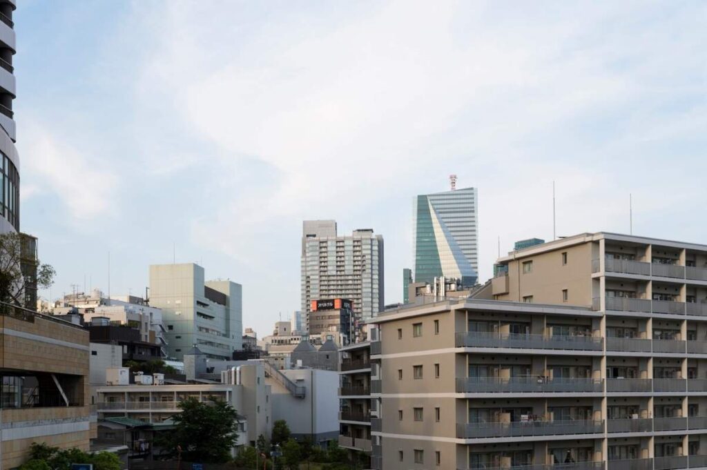 A city landscape with buildings.