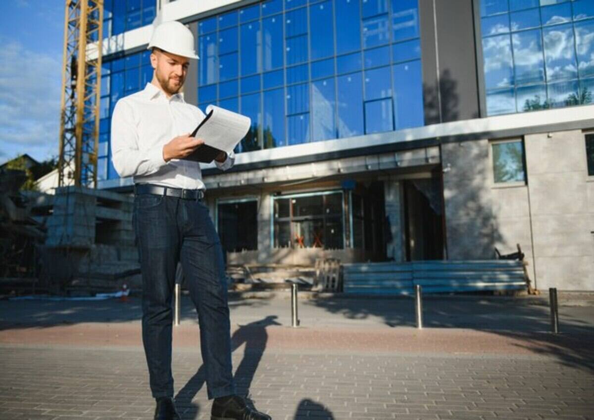 A young contractor monitors the ongoing commercial building construction