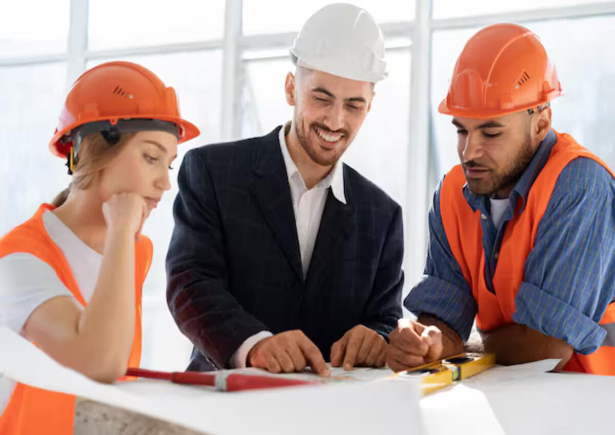 Different types of contractors gather for a commercial building construction project