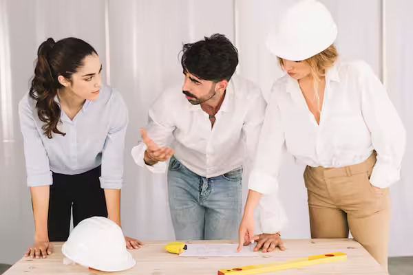 An engineer, contractor, and business owner discussing ways to prevent disruptions during commercial building remodels