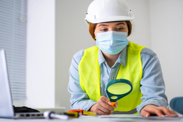Inspector reviewing medical office building plans for code compliance.
