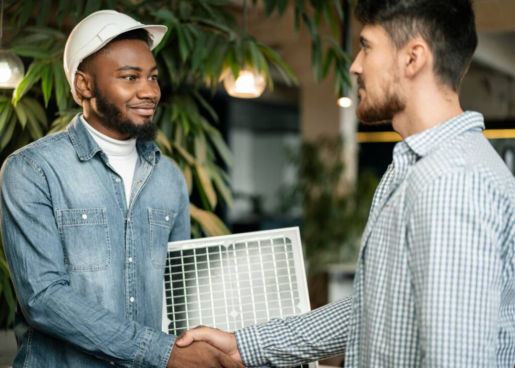 A businessman collaborating with the restaurant builder
