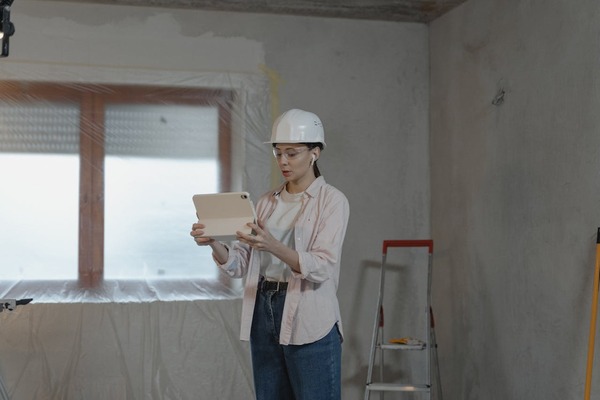 A woman talking to someone while conducting restaurant construction site visits