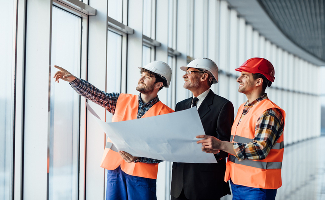• Project leaders and engineers evaluate architectural plans near tall windows, demonstrating effective quality assurance and outcome measurement.