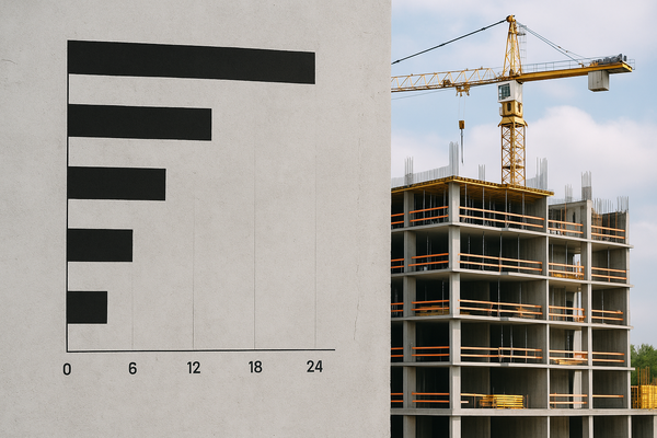 Chart and crane building show average construction time for a commercial building phase.