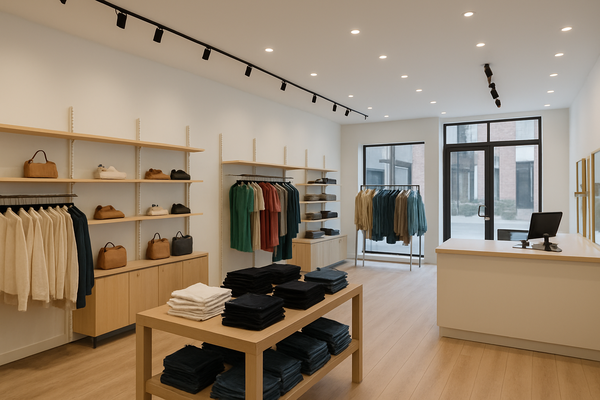 Finished retail space build-out with clothing racks, shelves, and front checkout counter