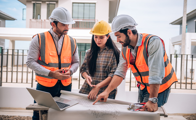 • On a job site, a team in safety gear examines blueprints and coordinates next steps, illustrating the application of core quality assurance practices during construction.