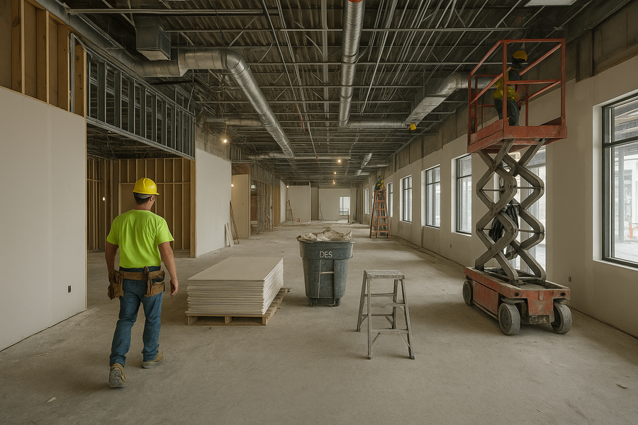 Worker walks through retail space build-out with tools, drywall, and lift equipment